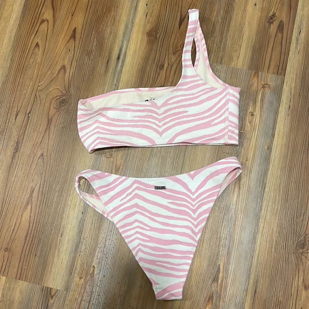 triangl swimwear Pink and White Zebra One-Shoulder Bikini Set